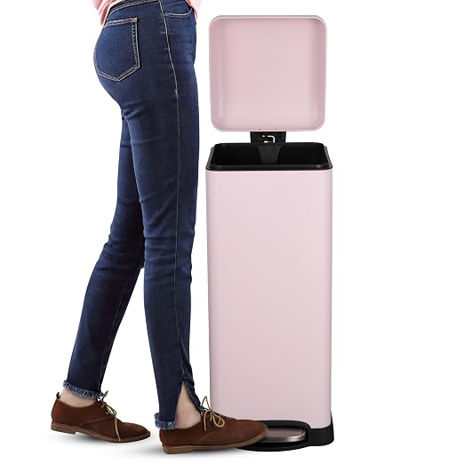 happimess Betty 8 Gal Step Trash Can Soft-Close Lid, Blush Pink | Removable Liner, Semi-Rectangular, Steel Pedal, Iron Powder Coated, 27" Height, Non-Skid Base
