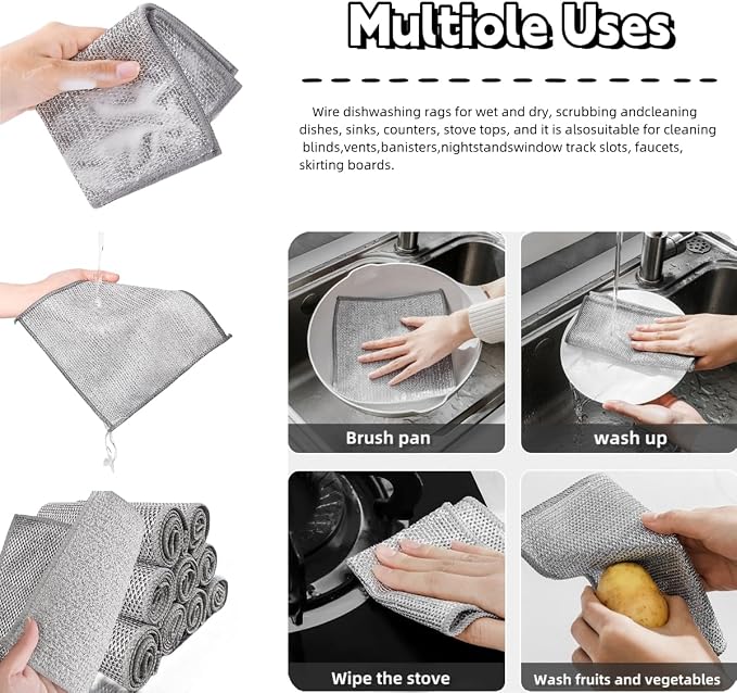 Non Scratch Wire Dishcloth, Wire dishwashing rag | Scrubs & Cleans for Dishes, Sinks, Counters, Stove Tops, Easy Rinsing, Durable (12PCS)