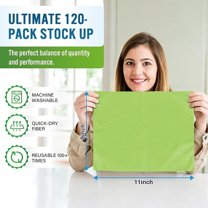 GLIMGLINT Microfiber Cleaning Cloth 120 Pack, Reusable Paper Towels 11 x 9 | Lint Free & Ultra Absorbent Cleaning Rags for Car, Home, Kitchen, Glass & Screen, Washable Shop Towel Rag with Box Multicolor