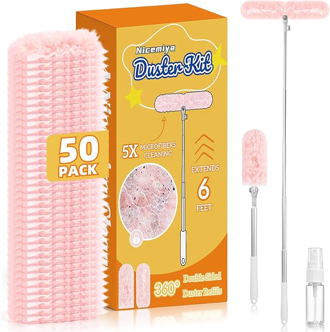 6 ft Extendable Duster Kit with 50 Pink Refills for Swiffer Duster | 360 Heavy Duty Duster Refills, 5X Microfibers Trap Dust, Long Extended Handle for Ceiling Fan, Vents and Hard to reach Areas