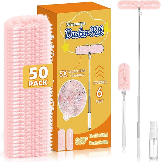 6 ft Extendable Duster Kit with 50 Pink Refills for Swiffer Duster | 360 Heavy Duty Duster Refills, 5X Microfibers Trap Dust, Long Extended Handle for Ceiling Fan, Vents and Hard to reach Areas