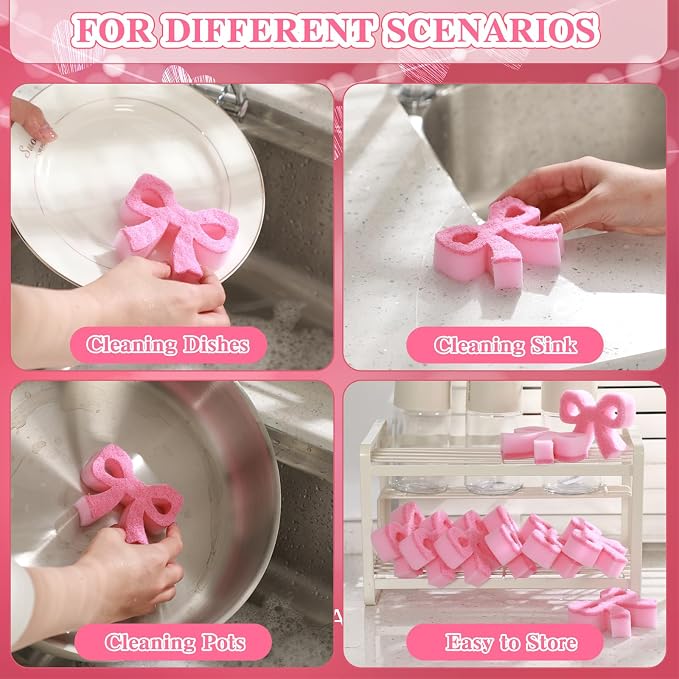 Tioncy 12 Pack Pink Bow Sponges Dual Sided Non Scratch Classic | Reusable for Dishwashing Cookware Pot Pan, Preppy Cute Kitchen Cleaning Accessories, Non Scratch Bulk Household Supplies