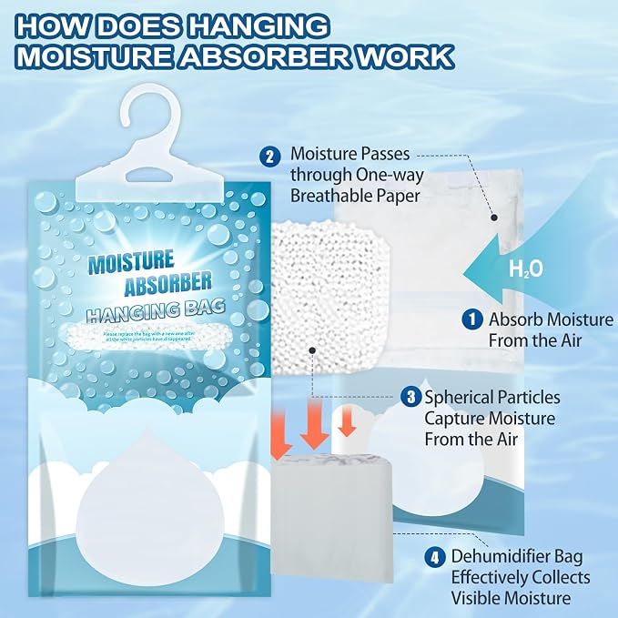 12 Pack Hanging Closet Dehumidifier Bags Moisture Absorbers for Cars | Fragrance Free Leakproof Moisture Absorbing Bags for Closet, Bathroom Basement RV, Eliminates Odors for Fresher, Cleaner Air