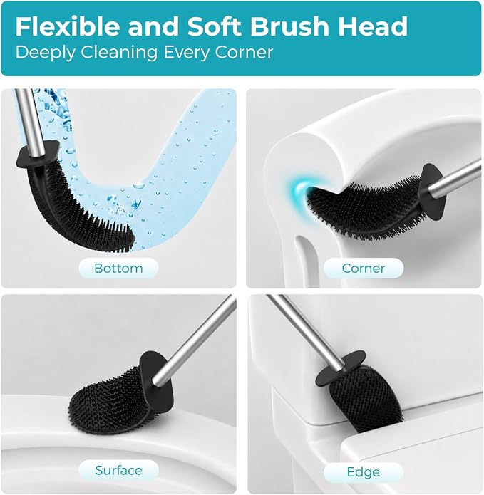 Sineng Silicone Toilet Brush, Stainless Steel Toilet Bowl Cleaner Brush | Long Handle and Flexible Bristles, Compact Toilet Bowl Brush with Weighted Base for Modern Bathroom RV Dorms