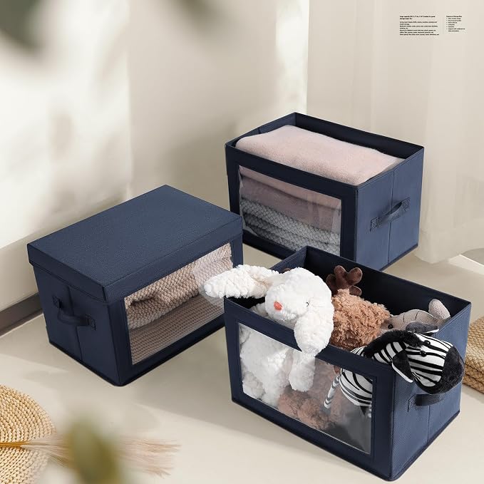 Homsorout Stackable Storage Bins with Lids - Medium Storage Box with Lids, Foldable Closet Boxes for Organizing, Wardrobe Clothes Organizer with Window, Cubes Bins for Living Room, 5 Pack, Navy Blue