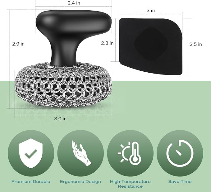 Cast Iron Scrubber Dish Scrub Brush 316 Chainmail Scrubber for Cast Iron | Dish Scouring Pad, Dishwasher Safe, Chain Mail Scrubber Cast Iron, Cleaning Kit, for Pan Skillet, Black