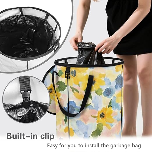 Yellow Floral Collapsible Trash Can 24 Gallon Pop-Up Outdoor Garbage Can with Handles Waterproof Lightweight Storage Bag with Lids for Laundry Toy Room Garden Patio Camping
