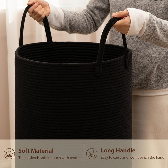OIAHOMY 100L Nursery Hamper Laundry Basket Laundry Hamper Black | collapsible Blanket Basket Cotton Rope Woven Basket Dirty Clothes Hamper Baby Hamper Tall Clothes Hamper with Handles