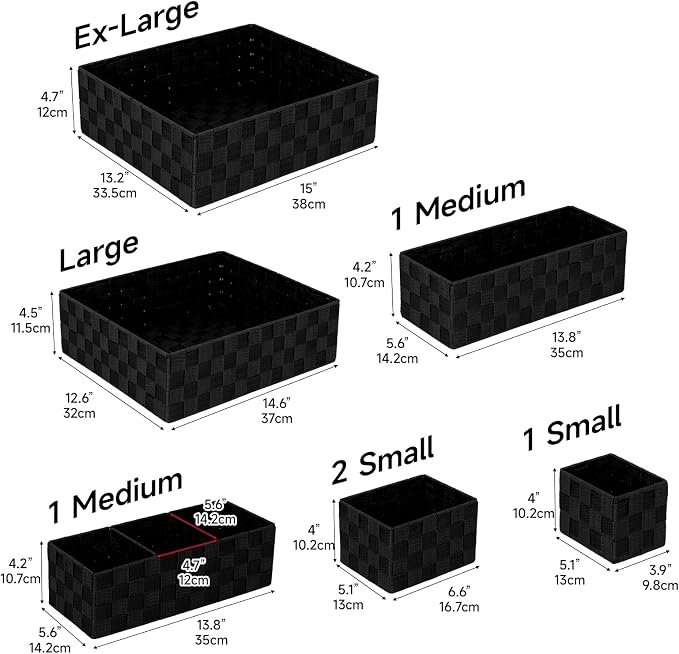 Set of 7 Nested Woven Cube Baskets, Drawer Organizers in Multi-sizes | Shallow Storage Bins for Organizing Desk, Dresser, Kitchen, Pantry