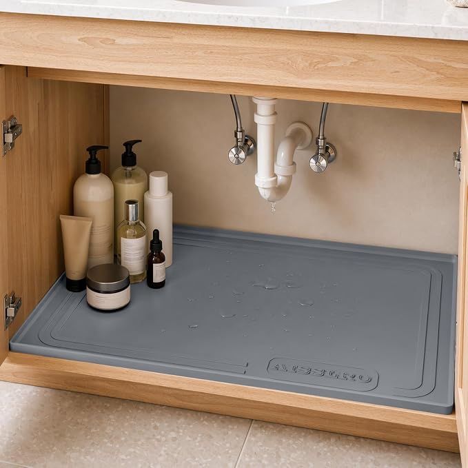 Aisslro Waterproof Under Sink Mat 25"x19", Silicone Mat, Dark Gray | BPA-Free Shelf Liner, Raised Edge Traps Spills & Leaks, Bathroom, Kitchen Cabinet, for Boots, Pets, Home Essentials Organizer