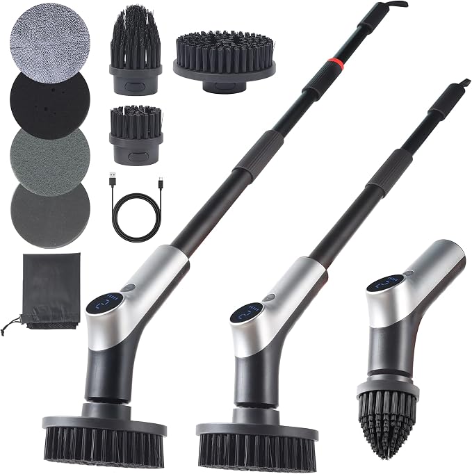 Electric Spin Scrubber, IPX7 Waterproof Shower Scrubber with 7 Brush Heads | 2.5N·m Torque Power Scrubber for Bathroom Grout Tile Bathtub Cleaning, Cordless with LED Display & Extendable Handle
