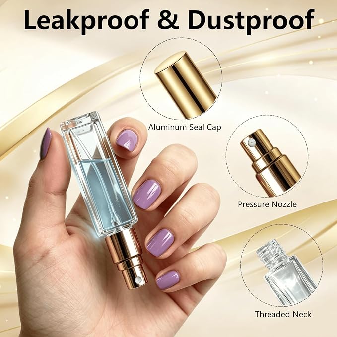 Perfume Travel Refillable, 6 Pcs 10 ml Glass Atomizers (Gold) | Leak-resistant fine mist spray, mini perfume bottle set with filling tools, portable for travel, gym, office and daily use
