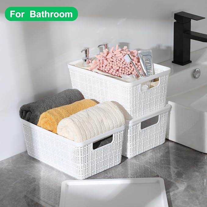 6 Pack Plastic Storage Baskets with Lid,White Stackable Bins | Durable Woven Plastic With handle Breathable,Save space,For Organizing Desktops, Closets, Playrooms, Classrooms, Offices