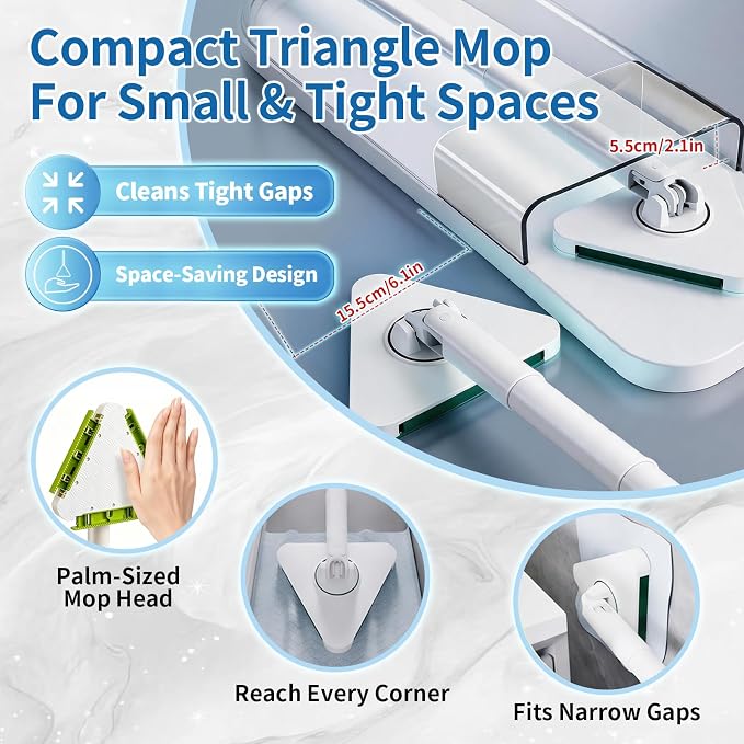 Small Mini Snap Grip Clamp Triangular Dust Mop, One-Click Cloth Change | Disposable Sweeper Mop Compatible with Swiffer Pads, Includes 2 Reusable Cloths for Hardwood, Tile & Small Space Cleaning