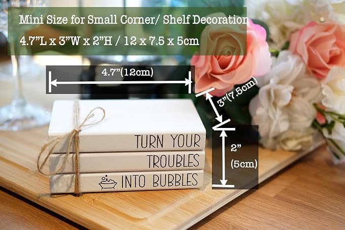 Mini Farmhouse Bathroom Decor - Funny Rustic Wooden Decorative Books Stack for Restroom Shelf Decor - Turn Your Troubles into Bubbles Sign