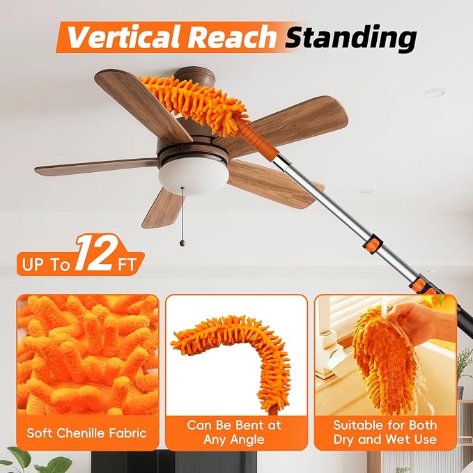 32 Foot High Dusters for Cleaning with 6-24 Foot Heavy Duty Extension Pole | High Reach Duster, Extendable Reusable Cobweb, Feather, Ceiling Fan Cleaner Duster, Window Squeegee Kit