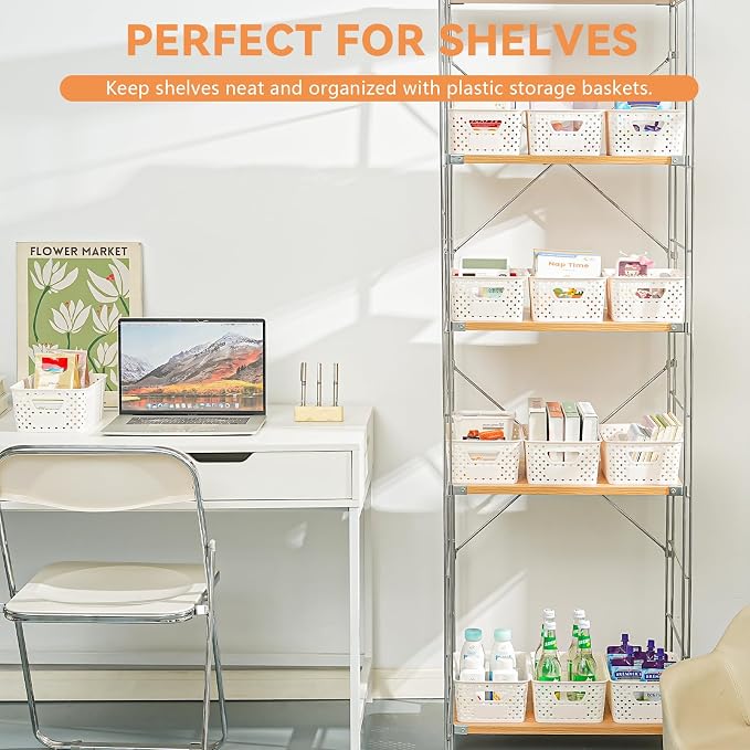 12 Pack Plastic Storage Baskets for Organizing, Storage Baskets for Shelves with Handles, Small Storage Bins with Labels, Classroom Storage Organization for Cabinet,Closet, Office