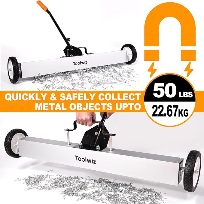 Toolwiz 36" Magnetic Sweeper with Wheels, 50 Lbs Capacity Quick Release | Rolling Magnetic Floor Sweeper, Telescoping Holder, Quick Release Latch, Industrial Heavy Duty Metal Pick Up