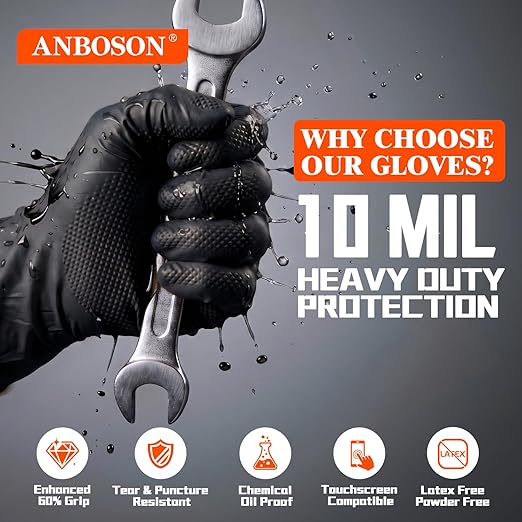 10 Mil Heavy Duty Industrial Nitrile Gloves, Black XLarge 500 Count | 500 Ct Diamond Texture, Disposable Latex Free Rubber Gloves for Auto Repair,Workshop,Warehouses,Chemical Handling Industrial