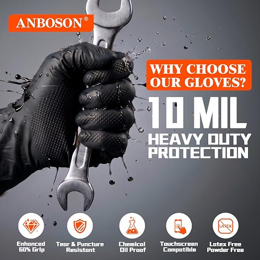 10 Mil Heavy Duty Mechanic Nitrile Gloves, Black XLarge 1000 Count | Diamond Grip, Latex Free Disposable Chemical Resistant Rubber Gloves for Industrial,Workshops, Auto Repair,Janitorial,Food