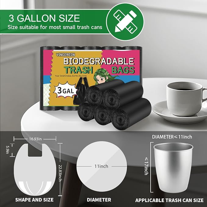 3 Gallon Small Black Trash Bags Bathroom With Handles 100 Count | 3 Gal Mini Garbage Bags,12 Liter,Unscented,Biodegradable,Little Wastebasket Liners For Car Office Kitchen,Strong,Thick