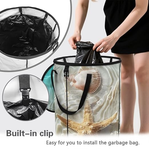 doginthehole Seaside Starfish Shells Trash Cans for Bathroom with Lid Decorative Collapsible Garbage Can Bags Waterproof Lightweight Outdoor Waste Bin for RV's Camping Picnic Beach Easy to Storage