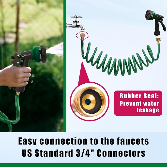 AUTOMAN Coil Garden Hose 15 ft, EVA Curly Water Hose with Brass Connectors, Recoil Garden Water Hose,Includes 7-Pattern Function Sprayer,Retractable,Corrosion Resistant Garden Coil Hose.