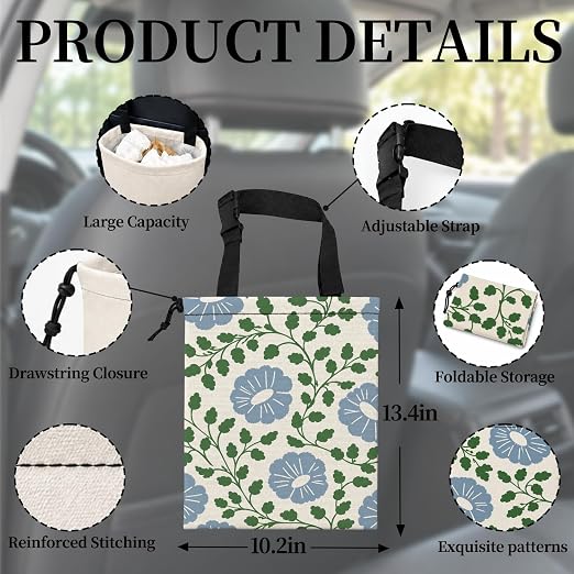 Blue Floral Car Garbage Bag Canvas Trash Can | Cottagecore Rustic Flower Drawstring Car Trash Bag Hanging for Back Seat with Adjustable Buckle