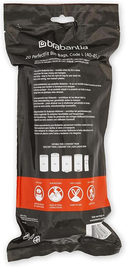 Brabantia PerfectFit Trash Bags (Size L/10.6-12 Gal) Thick Plastic Trash Can Liners with Drawstring Handles (120 Bags)