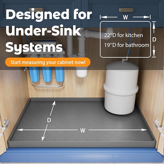 Jin&Bao Under Sink Mat 31" x 22" Waterproof Silicone Cabinet Kitchen Liner | Silicone kitchen cabinet protector, bathroom shelf liner, raised edge traps leaks, anti-slip, easy to clean & dishwasher safe