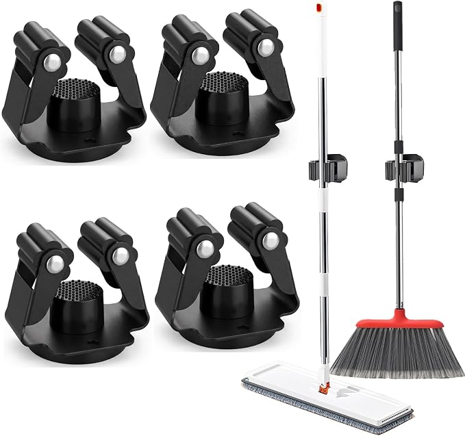 4 Pack Strong Magnetic Broom Holder, Black | No Drill, Heavy Duty Mop and Tool Organizer, Anti-Slip Rubber Grippers, Movable Wall Mounted Storage Rack