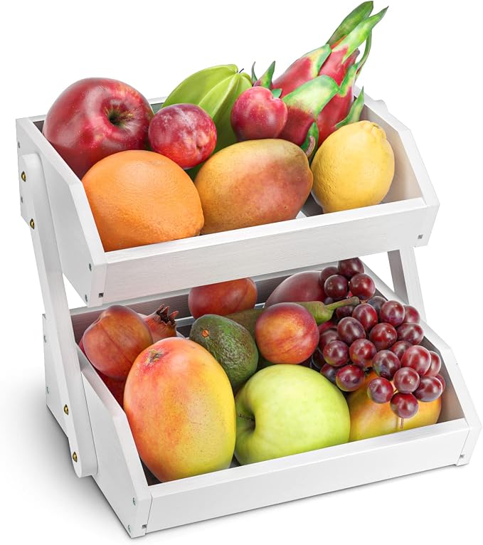 G.a HOMEFAVOR 2-Tier Fruit Basket for Kitchen Counter, White, Self-assembly | Bamboo Fruit Bowl, Vegetable Storage for Fruit Shop and Home Organizer, 15 mm Thickness