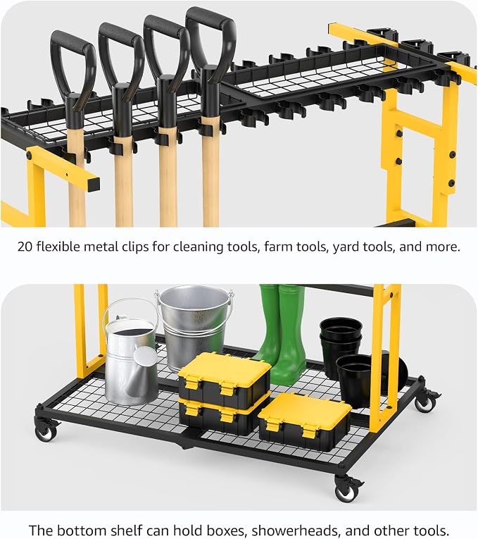 CCCEI Garage Organization with Wheels, Outdoor Gargen Yard Shed Tools Organizer Cart, Home Storage for Cleaning Supplies Organizer, Broom Holder, for Shovel and Rake, Long Farming and Farming Tools.