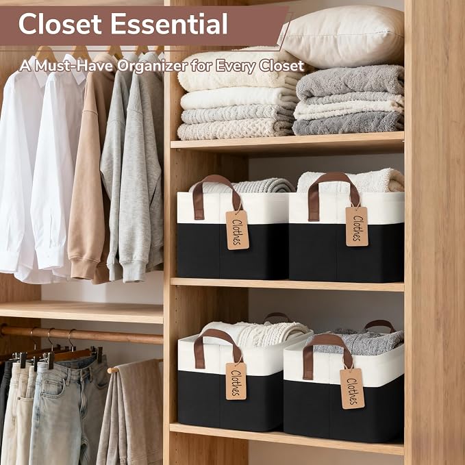 CHICVITA 4 Pack Fabric Storage Bins for Shelves, 20L Black & White | 14.8" × 10.3" × 8.3" Collapsible Storage Baskets for Towels, Clothes & Toys, Fits Closet & Shelf Organization, Metal Frame