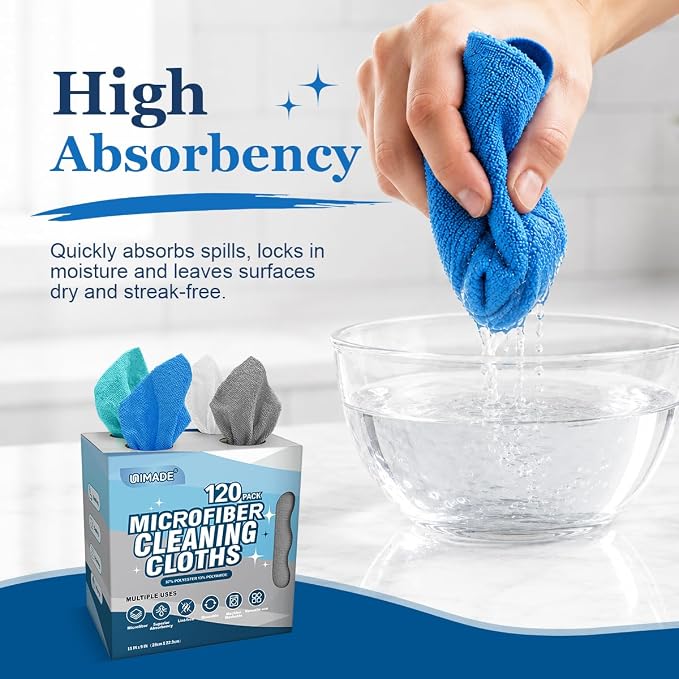 Microfiber Cleaning Cloth, 120 Pack Microfiber Towels for Cars | Reusable Paper Towels Lint Free Shop Rags with for Home Kitchen Automotive, 11"x 9", White & Grey & Light Blue & Blue