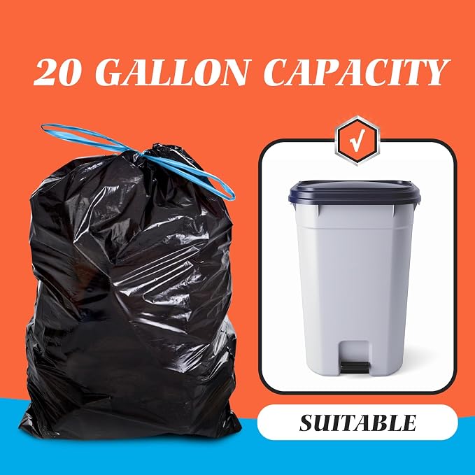 Large 20 Gallon Black Drawstring Trash Bags, 1.9 Mil, 120 Count | Heay Duty Tall Garbage bag Fit 20-21Gal Trash Can, Leak Proof & Tear Free Sturdy For Indoor,Office,Outdoor Lawn Leaf Cleaning