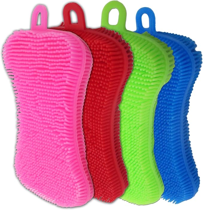 Gadgetime USA Silicone Dish Sponge - Dishwashing Kitchen Scrubber - Double Sided Sponge Brush - Multipurpose & Reusable Silicone Dish Sponges for Dishes, Fruits & Vegetables Cleaning - (Pack of 4)