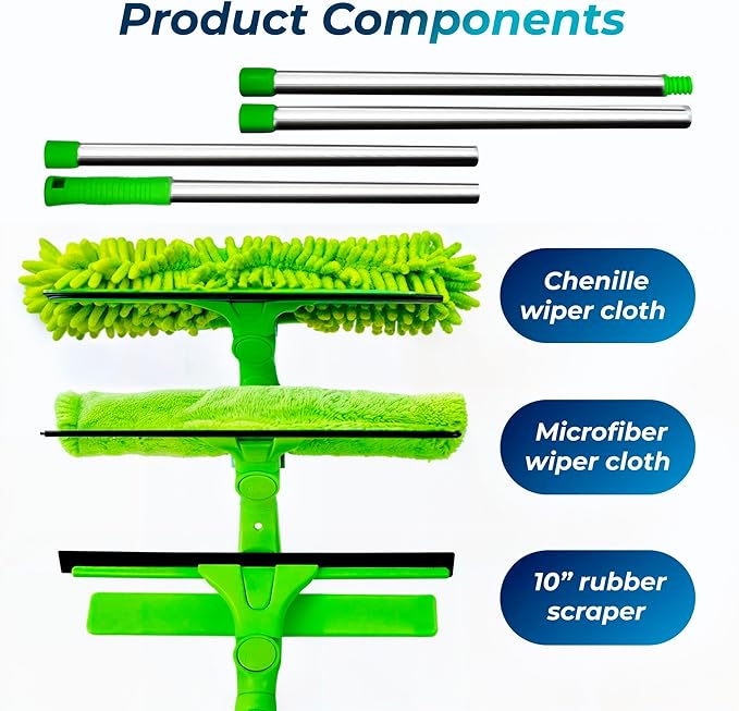 Professional Window Squeegee for Window Cleaning, 2 in 1 Rotatable Window Cleaning Squeegee Kit with Extension Pole, 62” Window Cleaning Tool for Indoor/Outdoor High Windows, Home, Car