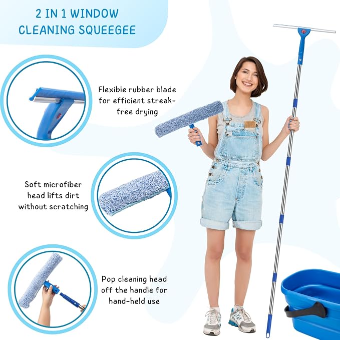 Window Squeegee Kit with 3 Gallon Collapsible Bucket, 5.5 Ft Long Handle Windows Washing Tools for Home and Outdoor Glass, Car Windshield Cleaning Supplies