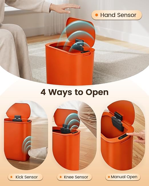 TIPGO 5 Gallon Automatic Bathroom Trash Can with Lid, Orange, Touchless | Motion Sensor, Slim Smart Garbage Bin, Plastic Wastebasket, Battery Operated, Manual Button, for Bedroom, Office,RV