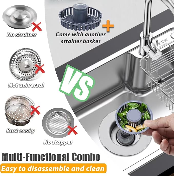 Anlige Kitchen Sink Drain Strainer, 3 in 1 Pop Up Kitchen Sink Stopper, with An Extra Basket Strainer, Universal for US Standard 3-1/2 Inch, Chrome Silver