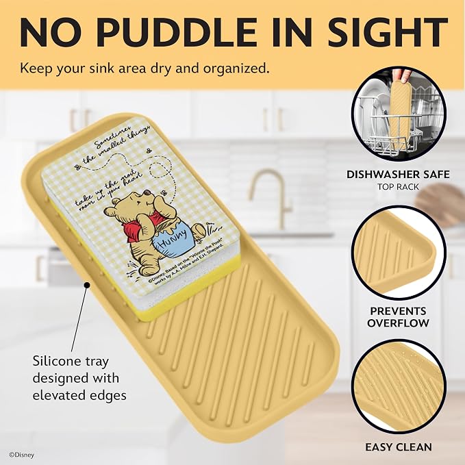 Disney Winnie the Pooh Sink Drain Strainer, Dish Sponge & Silicone Tray Set | 3-piece set with a strainer to prevent clogs, a tray to keep things organized, and a scrubber for dishes and counters