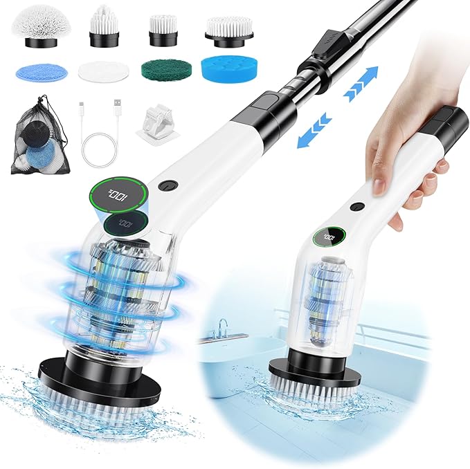 PUFTEM Electric Spin Scrubber, Cordless Shower Scrubber, Adjustable Handle | Dual Speed, 8 Replaceable Brush Heads, Adjustable Extension Handle, Battery Level Display, Bathtub, Tile & Floor Cleaning