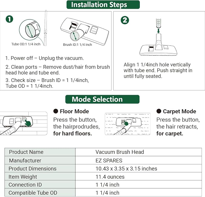 EZ SPARES 1-1/4" Vacuum Brush for Hardwood & Carpet | Universal 2-in-1 flip head. Fits Hoover, Eureka, Rainbow, Shop Vac, Bissell, Kenmore & most brands via included adapter.