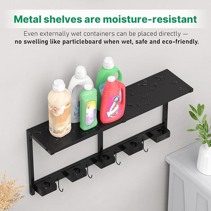CCCEI Broom and Mop Wall Mount with Shelf, Laundry Room Cleaning Tools Organization Hanging Rack with Hooks, Bathroom, Garage, Garden Organizers and Storage. All Metal, Black, 1 Pack.
