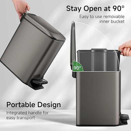 TIPGO Small Bathroom Trash Can with Lid, 1.6 Gal, Soft Close, Black Gold | Foot Pedal, Soft Quiet Lid, 5.9'' Slim for Narrow Space, Stainless Steel, Anti-fingerprint, Removable Inner Bucket, Odor Seal