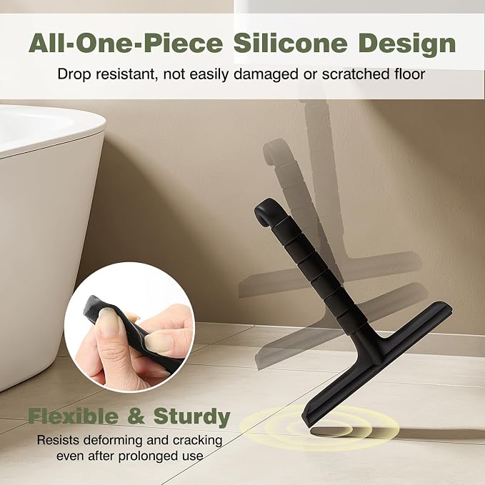 Roylvan Silicone Shower Squeegee for Glass Doors with Built-in Hook, Black | All-in-One Shower Squeegee with Ergonomic Grip, Household Window Mirror Cleaner for Bathroom Glass Kitchen Tile Wall Car