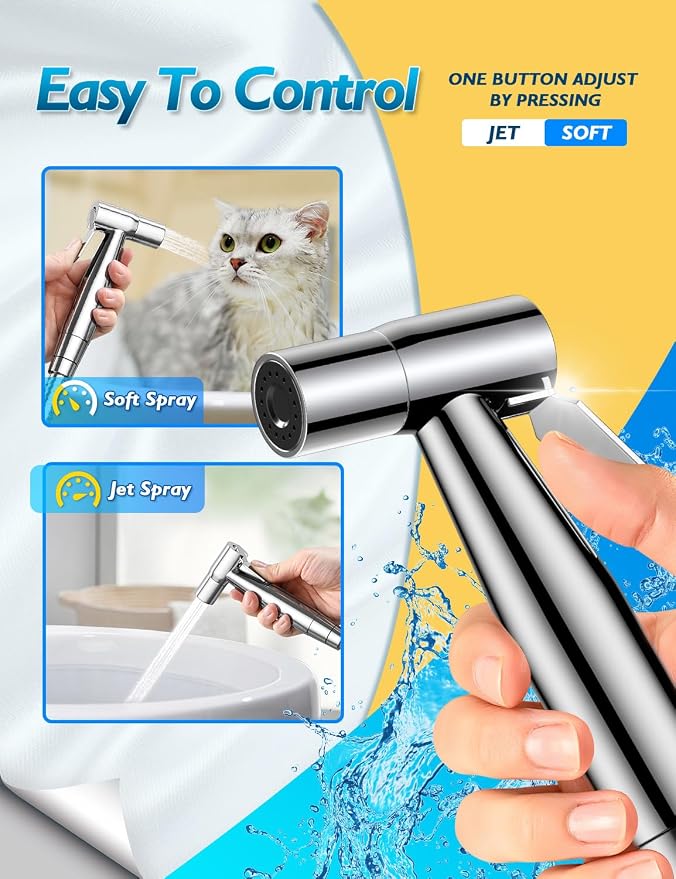 BRITULIF Bidet Sprayer for Toilet, Adjustable Pressure, Polished Chrome | Leak-Free Hose, Tank or Wall Mount, Feminine Wash, Cloth Diaper Rinse, Stainless Steel Body, Nozzle, Soft Silicone Nozzle