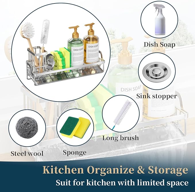 Consumest Sponge Holder for Kitchen Sink - Sink Caddy with Stainless Steel Self Drain Tray, Sink Organizer with High Brush Holder Countertop for Kitchen Sink Accessories, Silver-Extra Large