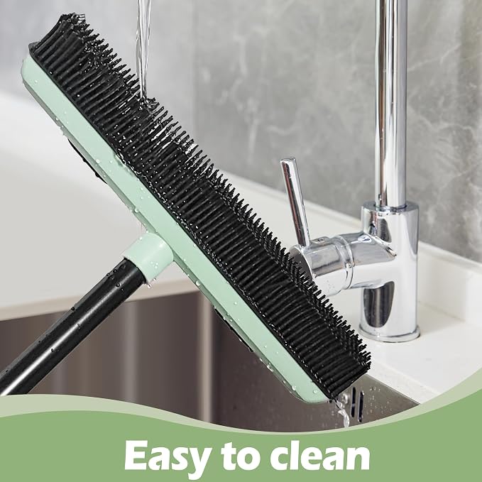 Upgraded Rubber Broom Pet Hair Remover with Squeegee 57.9'' Carpet Rake Fur Sweeper Small Detailing Lint Brush to Fluff Carpet Rug Tile Hardwood Floor